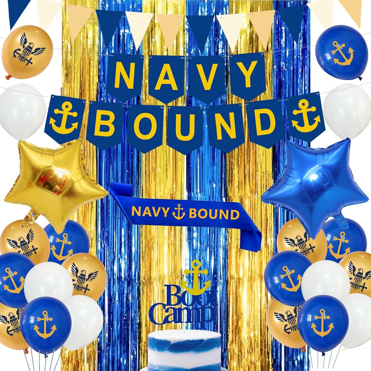 Navy Party Decorations, Blue Gold Naval Military Banner, Navy Bound Themed Cake Topper、Sash、Ballons、Curtain,Star Balloons Supply , Farewell Party Welcome Boot Camp Bound Decorations